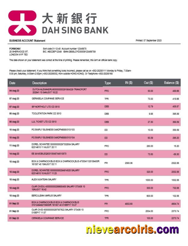 Dah Sing Bank company checking account statement